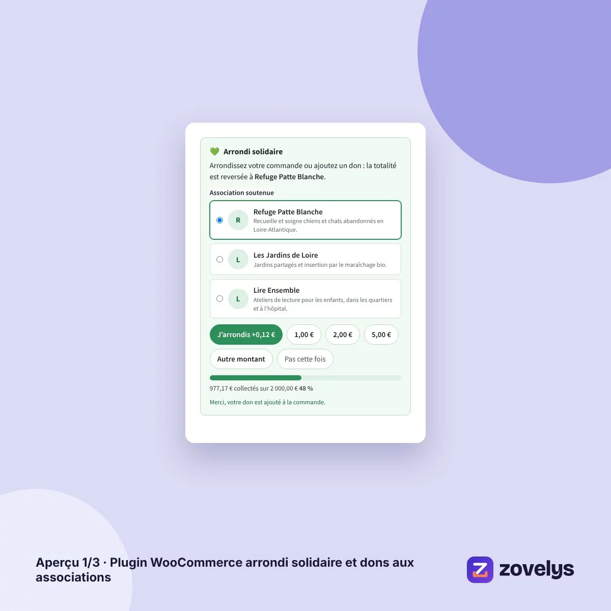 Plugin WooCommerce arrondi solidaire et dons aux associations – aperçu 1